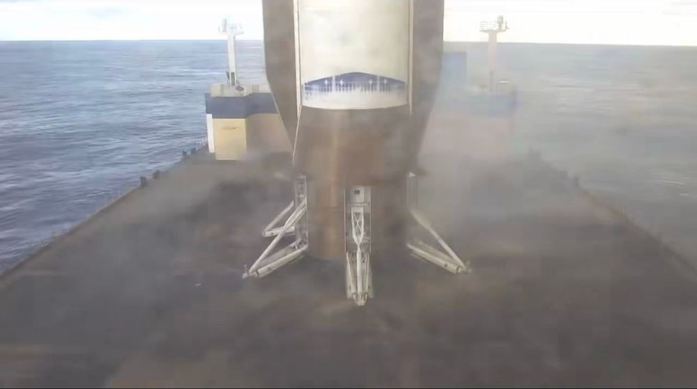 The first stage of Blue Origin‘s new Glenn rocket after landing safely on its drone ship. Photo credit: Blue Origin.