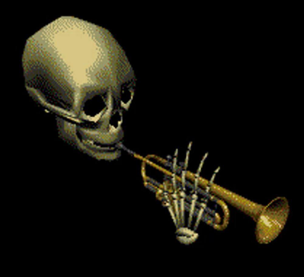 a pixel art of a skeleton blowing a trumpet on a black background