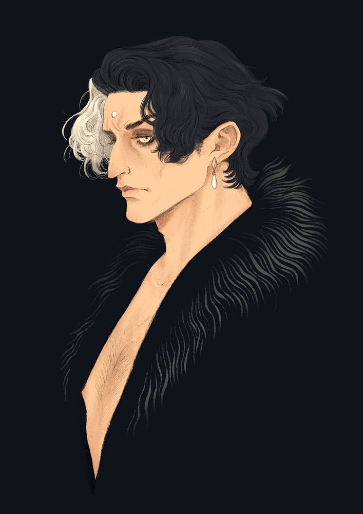 artwork of Emet-Selch from Final Fantasy XIV wearing an open robe that reveals his bare chest