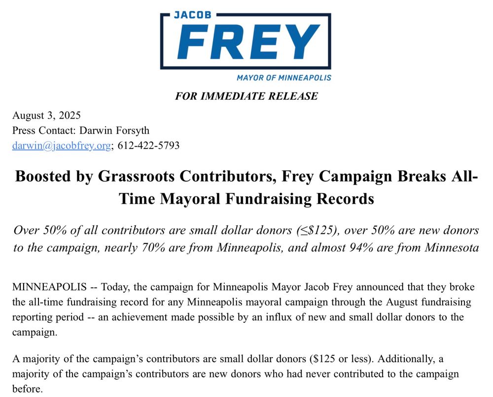 FREY MAYOR OF MINNEAPOLIS
FOR IMMEDIATE RELEASE
August 3, 2025 Press Contact: Darwin Forsyth
darwin@jacobfrey.org; 612-422-5793 Boosted by Grassroots Contributors, Frey Campaign Breaks All-
Time Mayoral Fundraising Records Over 50% of all contributors are small dollar donors (≤$125), over 50% are new donors
to the campaign, nearly 70% are from Minneapolis, and almost 94% are from Minnesota MINNEAPOLIS -- Today, the campaign for Minneapolis Mayor Jacob Frey announced that they broke the all-time fundraising record for any Minneapolis mayoral campaign through the August fundraising reporting period -- an achievement made possible by an influx of new and small dollar donors to the
campaign. A majority of the campaign's contributors are small dollar donors ($125 or less). Additionally, a majority of the campaign's contributors are new donors who had never contributed to the campaign
before.