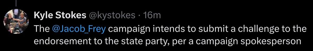 Kyle Stokes @kystokes • 16m The @Jacob_Frey campaign intends to submit a challenge to the endorsement to the state party, per a campaign spokesperson