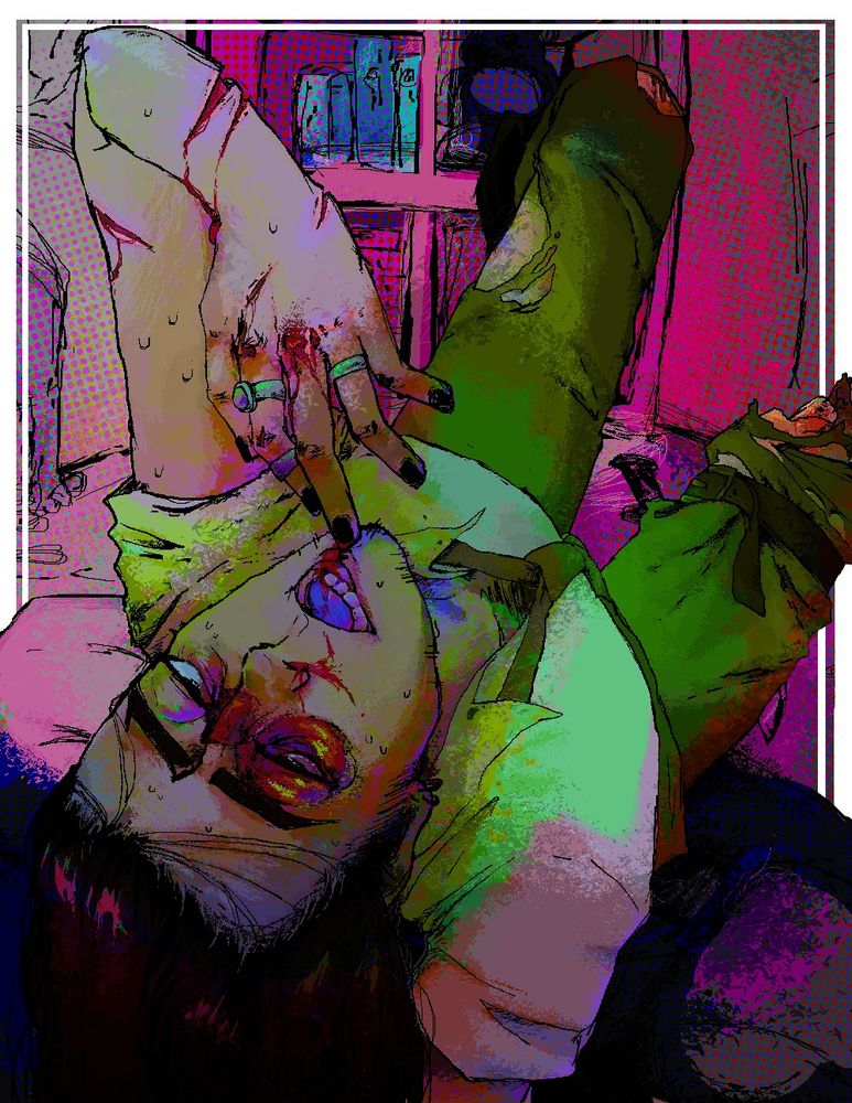 digital portrait of a cute guy in his room with a missing leg, busted eye, and busted knuckles 