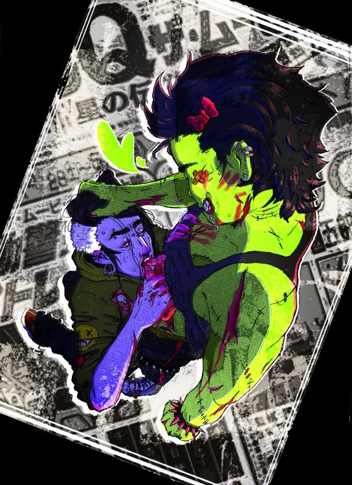 digital portrait of two zombies, one of them is on his knees while he eats the other zombie's intestines but like in a sexy way