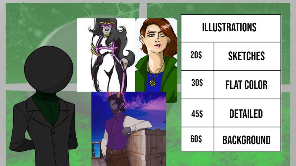 Illustrations
20$ Sketch
30$ Flat Color
45$ Detailed
60$ Background