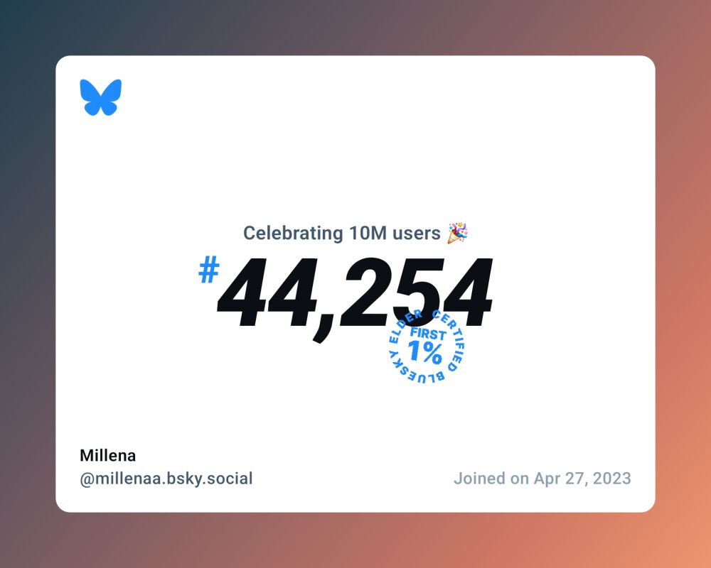 A virtual certificate with text "Celebrating 10M users on Bluesky, #44,254, Millena ‪@millenaa.bsky.social‬, joined on Apr 27, 2023"