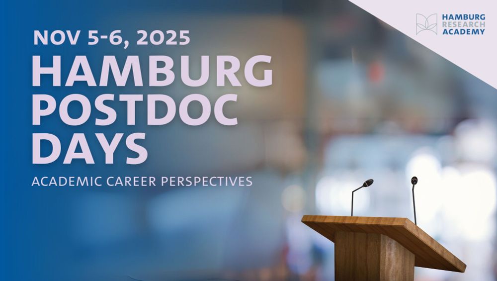 Grafik mit verwaschenem, blauen Hintergrund und freiem Redepult. Dazu der Text:

Nov 5-6, 2025
Hamburg Postdoc Days
Academic Career Perspectives

In der oberen rechten Ecke ist das HRA-Logo zu sehen.