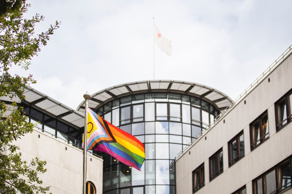 Bunte Regenbogen-Pride-Flagge weht vor Bürogebäude mit Glasfassade und grauen Wänden.