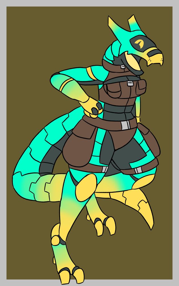 A Mint and yellow synth with a black innerlining. They're wearing a brown two piece.