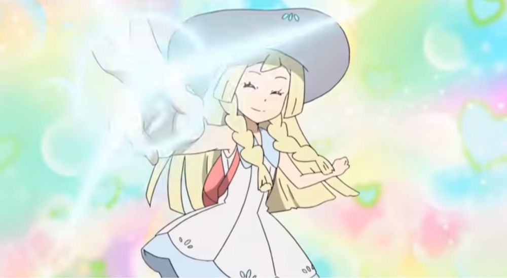 A screenshot from SM80, where Lillie is holding the Icium-Z towards the (hypothetical I guess?) camera/the screen.