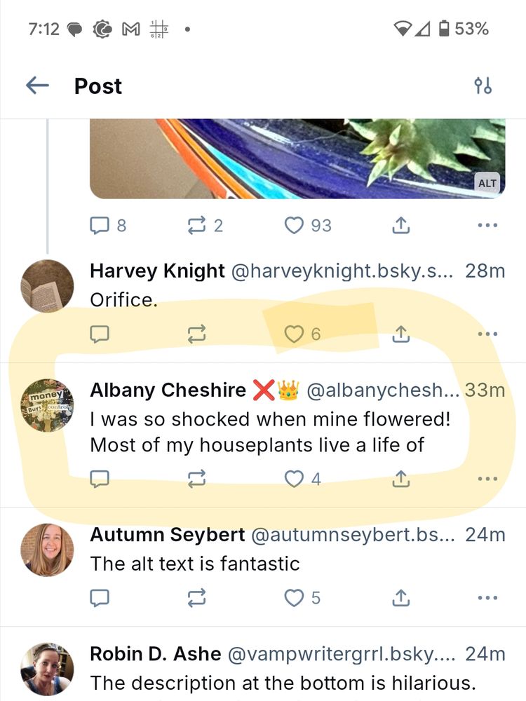 Bluesky feed with a post circled in highlighter saying: "I was so shocked when mine flowered! Most of my houseplants live a life of" ... and then cuts off. 
