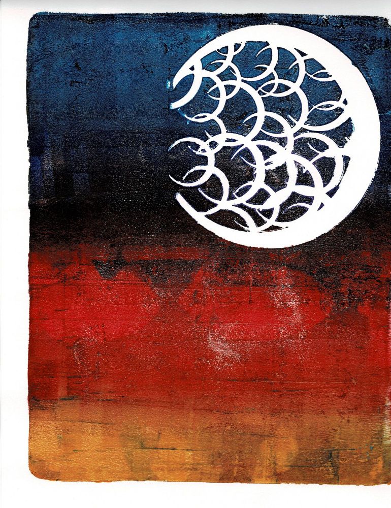 Painting of a creepy moon on a dark background - detail in the painting on the wall of the diorama.