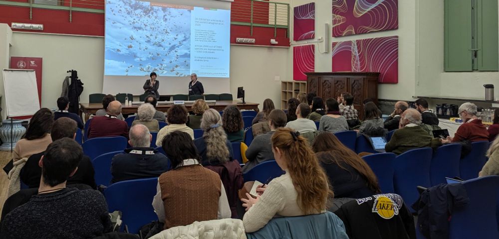 A conference room filled with attendees viewing a presentation about birds. Two presenters stand at the front near a projection screen showing a flock of birds in flight. The slide displays text about "1000-2000 billion wild birds" and "ecological baselines." The audience is seated in blue chairs facing the presenters.