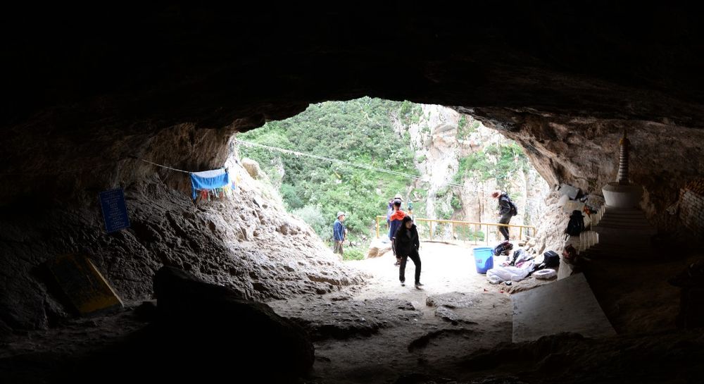 Alt text: Picture of cave mouth with three figures:  Palaeoproteomics review showing how protein analysis of fossils is expanding beyond ancient DNA's limits to study Middle & Late Pleistocene hominin evolution. Covers methods from protein mass fingerprinting to detailed sequence analysis, illustrating applications in species identification, sex determination & phylogenetics.