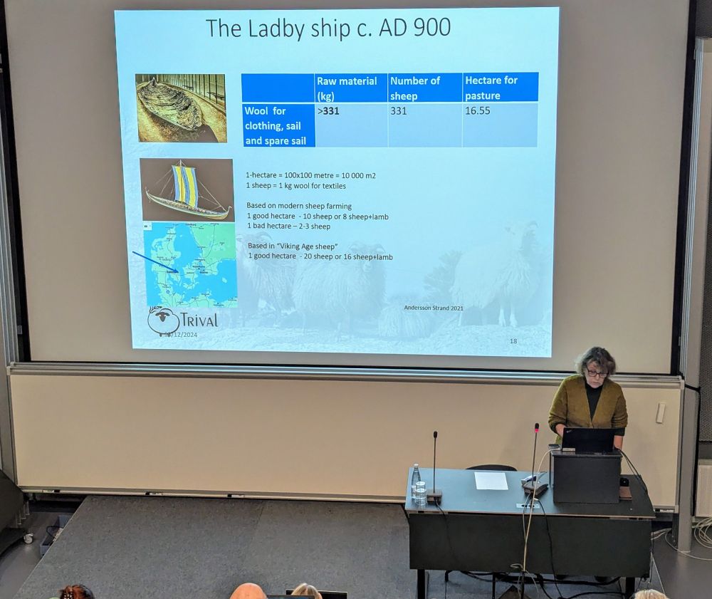 A presentation slide titled 'The Ladby ship c. AD 900' showing data about wool production. The slide includes three images: the Ladby ship remains, a reconstruction drawing with striped sail, and a map. A table shows that 331 sheep requiring 16.55 hectares of pasture were needed for wool for clothing, sail, and spare sail. Additional notes compare modern and Viking Age sheep farming practices