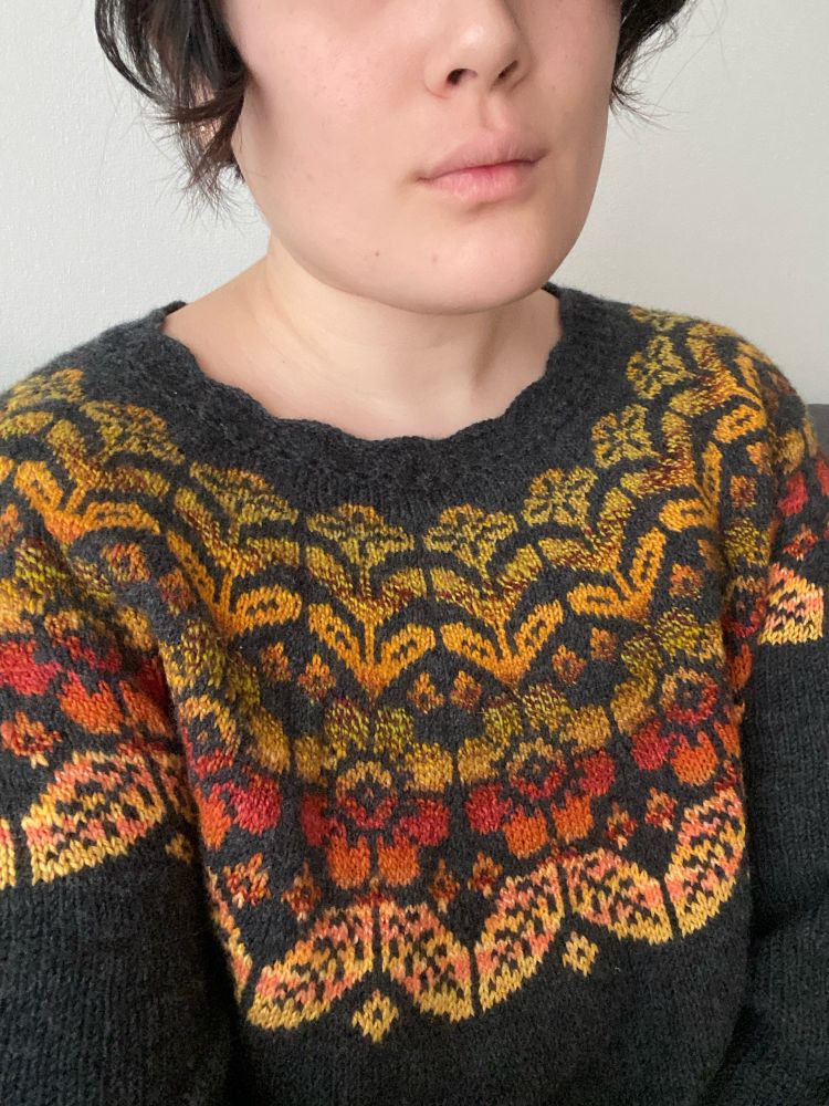 Alpine Bloom sweater that I knit in autumnal colors for the color-work and charcoal  grey for the body. It has long sleeves.