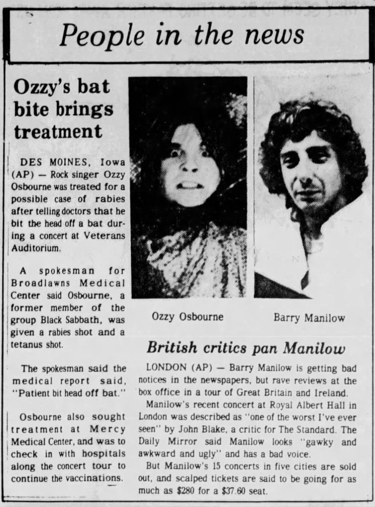 Newspaper clipping with news about Ozzy Osbourne biting the head off of a bat juxtaposed with an article about British critics panning Barry Manilow's performance at the Royal Albert Hall