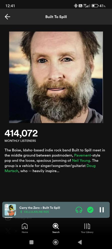 Built to Spill's bio, featuring a photo of Doug with his eyes and thin lips outlined in black ink, giving him a very creepy look