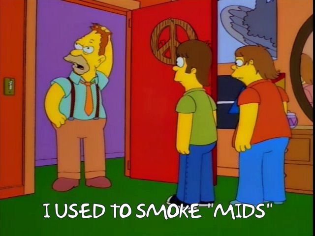 Simpsons screenshots from Homerpalooza: Middle Aged Abe Simpson talking to teenage Homer and Barney. He says "I used to smoke mids"