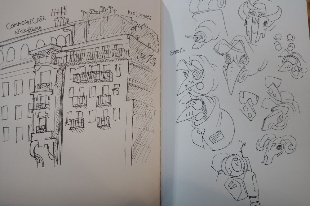 Sketchbook page. 1: a building in my view from a cafe in Nice. 2: idea thumbnailing for a character with a plague doctor-like gas mask.