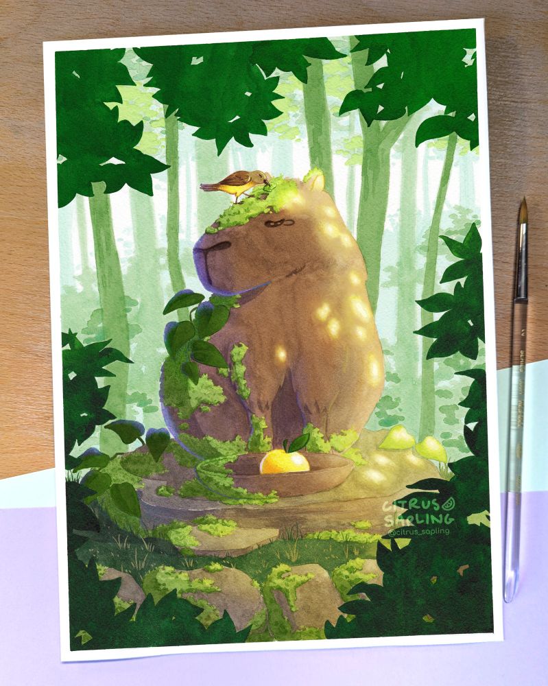 A watercolour painting of a capybara statue sat on a stone platform, with moss and vines growing on it. A cattle tyrant bird sits on the statue's head picking off a piece of moss. In front of the statue is a stone offering bowl holding a yuzu fruit. In the foreground there are moss covered rocks and leafy foliage in shadow. Tree trunks fade from green to pale blue in the background. There's a warm light and sun spots on the statue, coming from the right hand side.