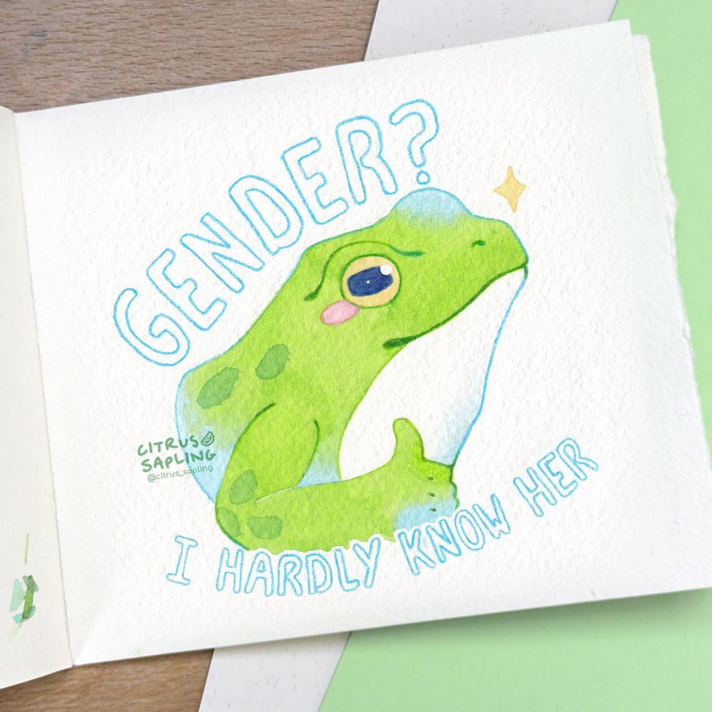 A watercolour painting of a frog giving a thumbs up. Text reads "Gender? I hardly know her". 