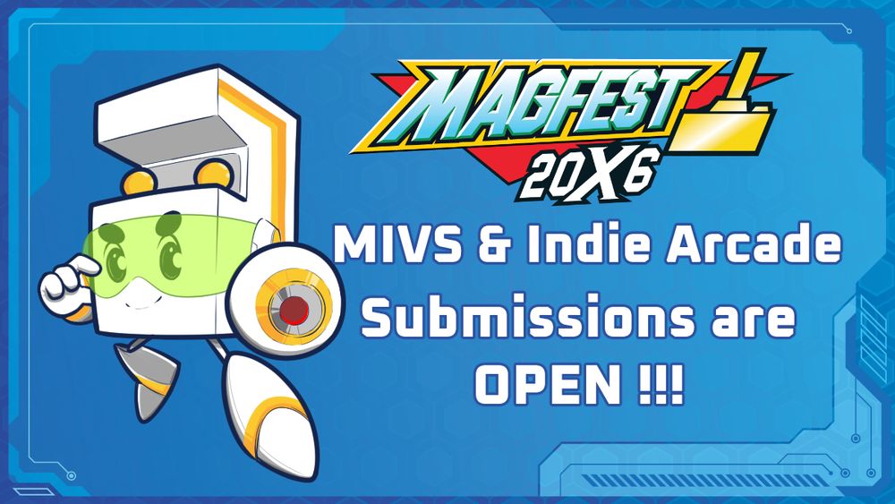 An anthropomorphized arcade cabinet stylized to look like Mega Man, featuring the logo for Super MAGFest 2026, with the text "MIVS and Indie Arcade Submissions are OPEN"