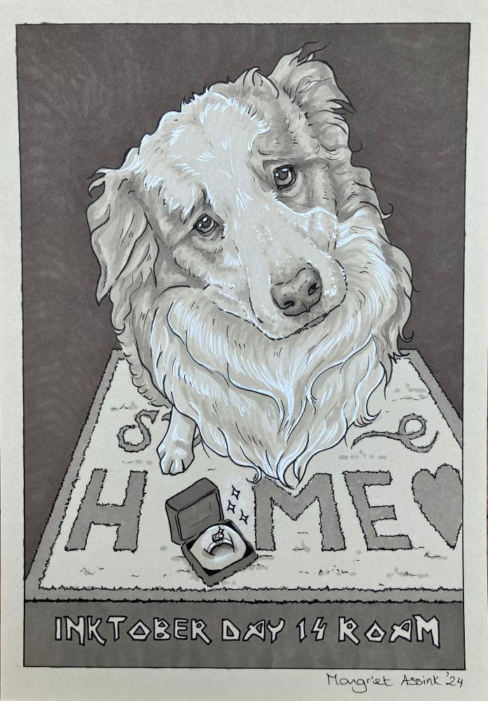 A drawing for Inktober day 14: Roam. A dog very pleadingly looking to marry you. But if that is a good idea?! I always draw my dog Finn for Inktober, so you can guess that he is the lead in my stories around Inktober. Fineliner and grey promarkers on toned paper. White with poscamarkers. 