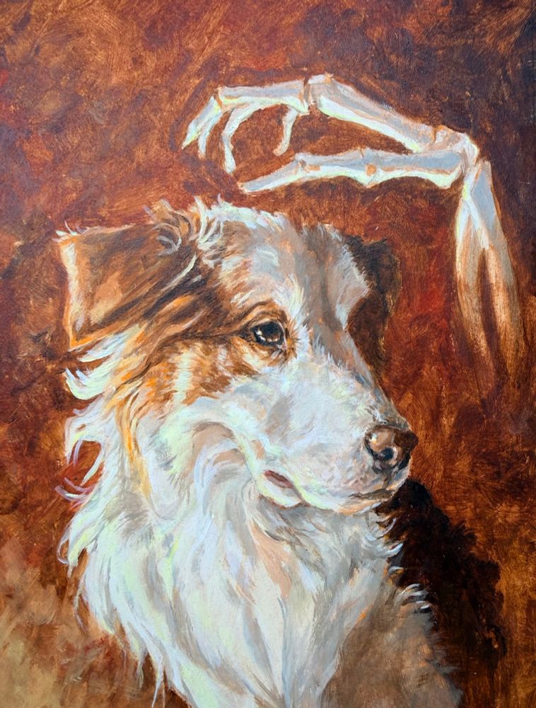 Traditional art on paper. Acrylic paint. A dog is looking slightly over his shoulder. In the background a skeleton hand is reaching towards the dogs head as if to caress it. Art for Inktober 2025 day 28 skeleton. Not exactly in ink, I felt like painting! For the full story and artprocess see the short on YT: https://youtube.com/shorts/MBCfJ-qKwgs