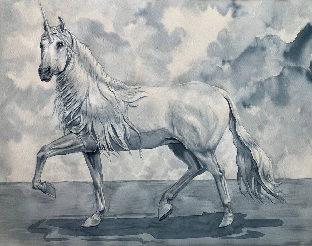 A large (very large) watercolor painting of a dancing unicorn with clouds and water in the background. Watercolor paint (Payne's grey) and watercolor paper. Part of the story in the video: https://youtu.be/1f3ozCAmE9E