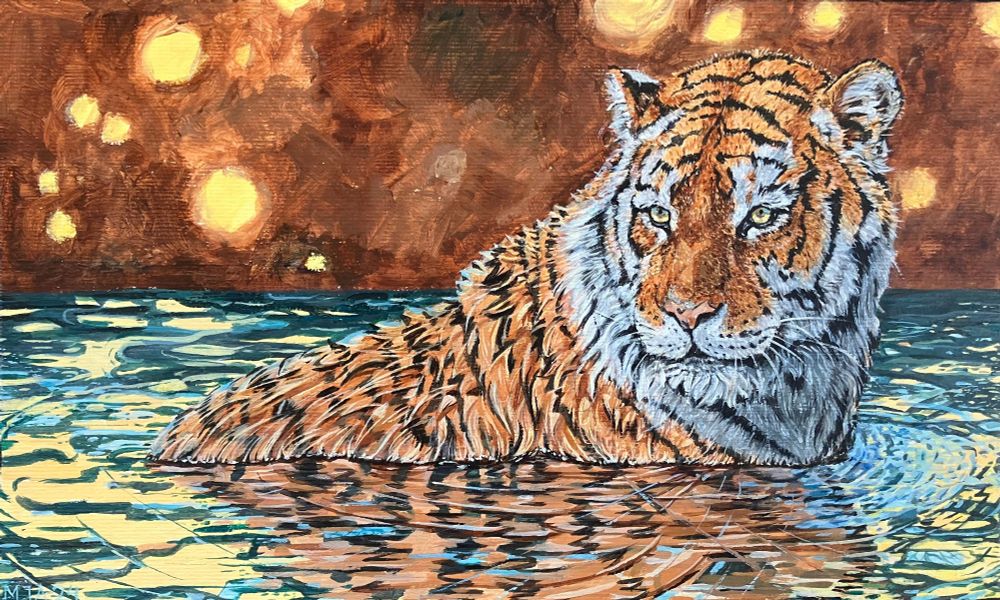 A tiger painting in acrylic paint. The tiger is resting in the water. Colorful, brown background with lights and colorful reflections in the water