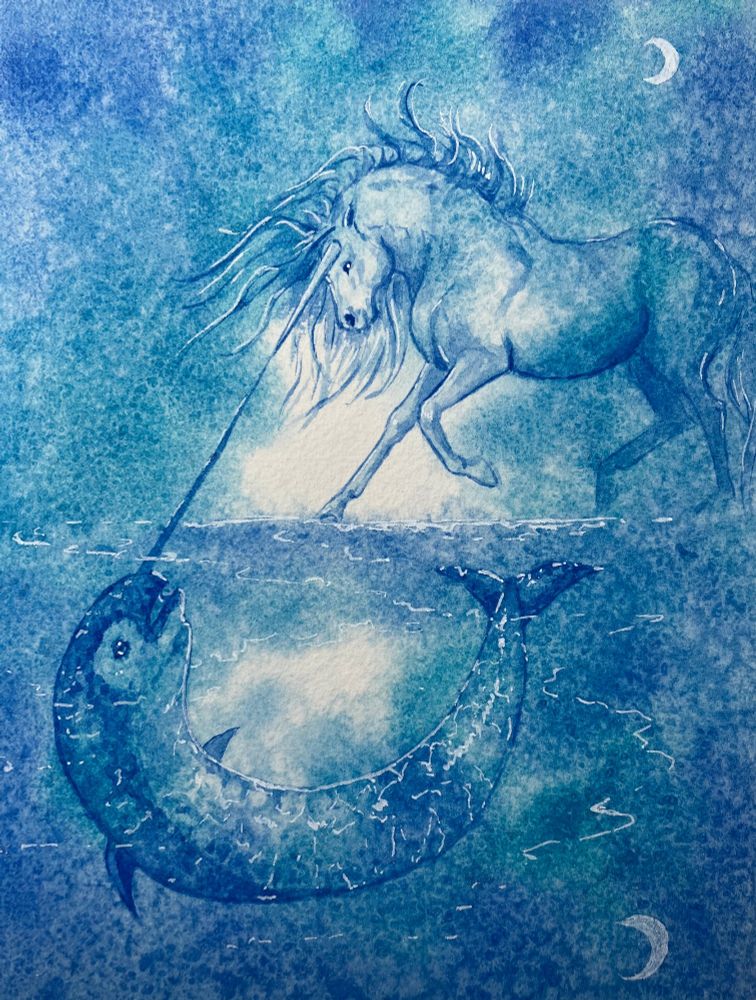 Watercolor painting of mirroring creatures, one immortal unicorn looking down and one mortal Narwhal looking up, touching each others horns. On the edge of the icy sea. Blue watercolor and salt. Part of story of the unicorn and the narwhal https://youtu.be/9xHYx8ExT9M