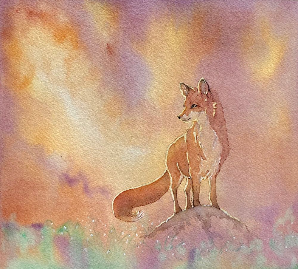 Watercolor painting of a fox standing on a rock at sunset. Colorful and she looks fiery to the viewer. This is the moment where the two foxes meet in the love story of the fox. The rock is a pivotal place in the story. Story in: https://youtu.be/H3XnDBC4tpY