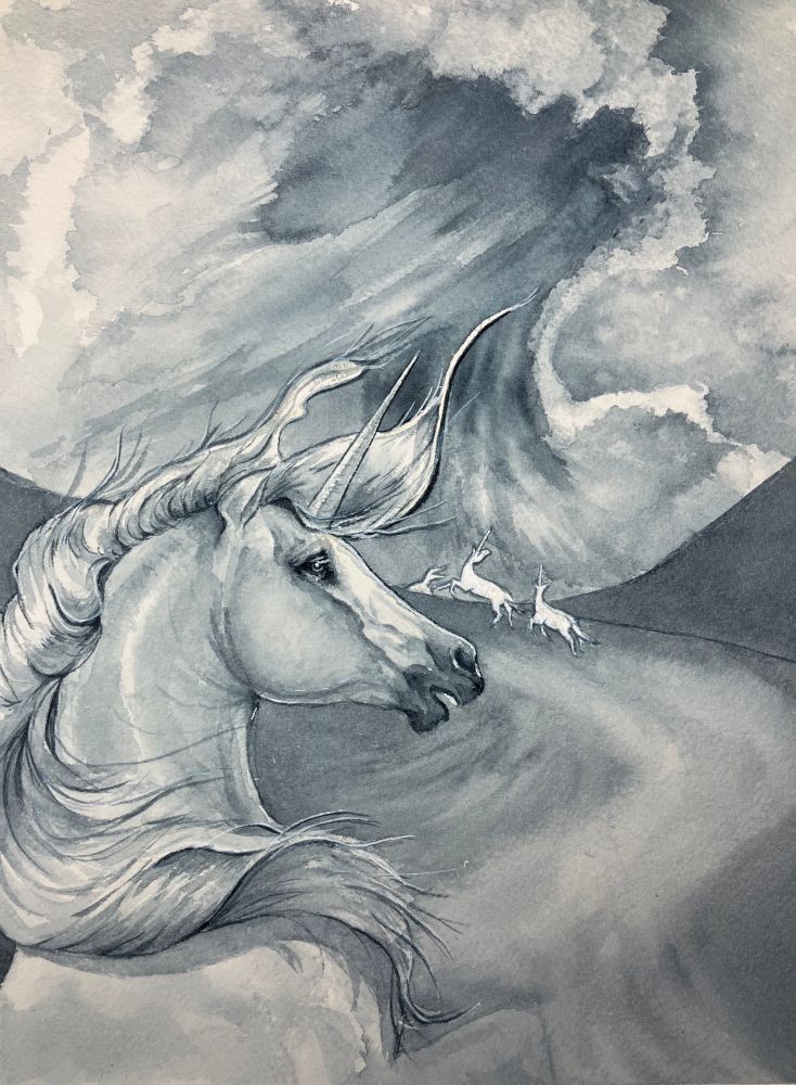 A watercolor painting with payne's grey on watercolor paper. A unicorn is looking up at a ridge where other unicorns run across. Behind the ridge a very large, curling cloud emerges from behind the mountain ridge. Part of a story in the video https://youtu.be/1f3ozCAmE9E