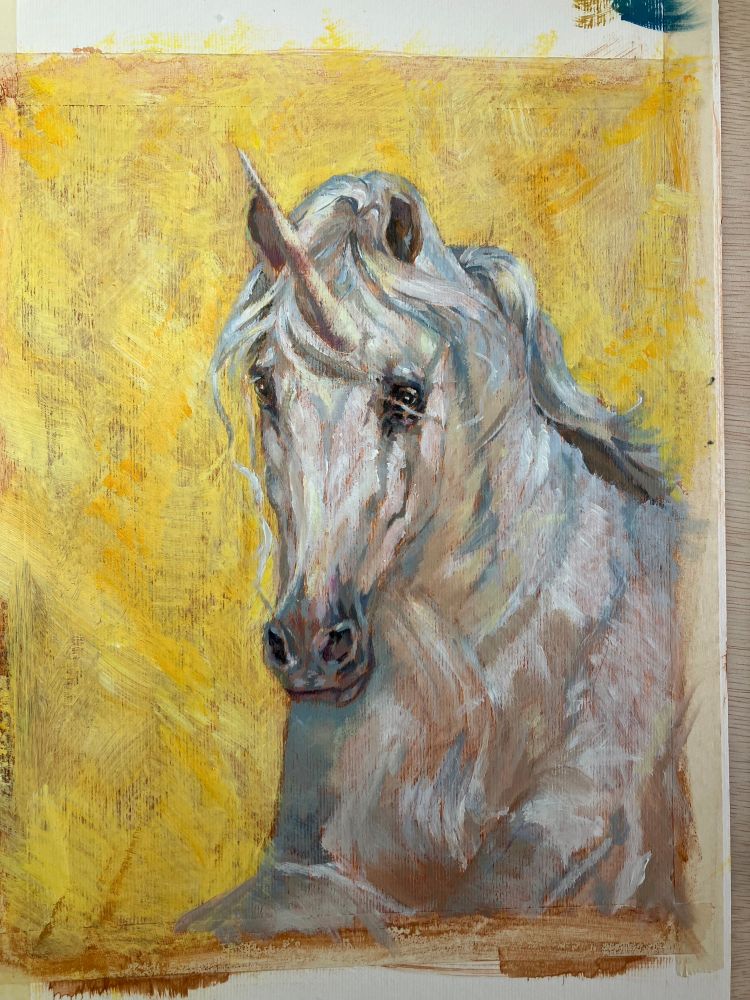 WIP of a unicorn for my upcoming youtube story about the unicorn on Youtube  https://youtu.be/1f3ozCAmE9E
Acrylic paint on paper