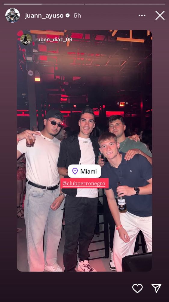 Screenshot of Juan Ayuso’s instagram story sharing photo of himself and others in a Miami nightclub