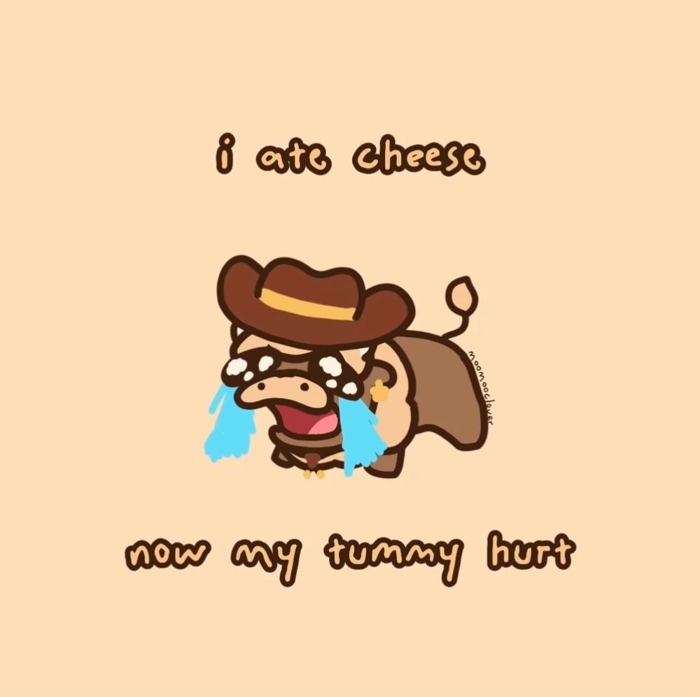 Crying moomooclover with text reading "I are cheese. Now my tummy hurt"