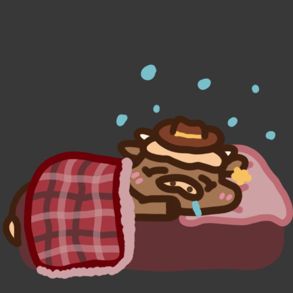 doodle image of moomooclover (a dusty brown highland cow with blonde bangs, a cowbow hat, and gold clover shaped ear tag) sleeping in a bed with a little bit of drool dribbling from the mouth and sleepy bubbles around their head. bed sheets are deep maroon with a pale red pillow and red plaid comforter