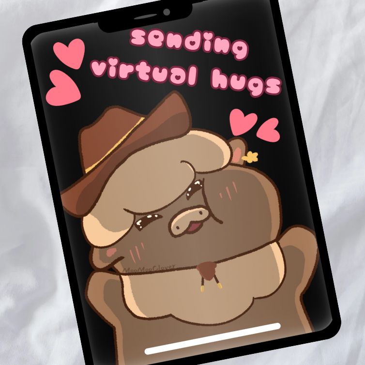 meme of moomooclover pressed against a phone screen with text reading "sending virtual hugs"
