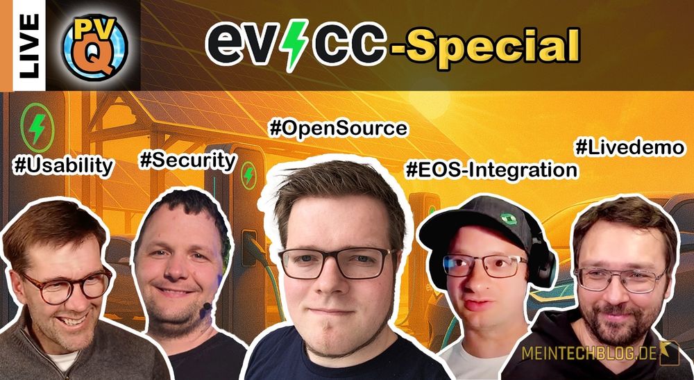 Youtube cover image: collage of Arne, Michael, Andreas and Jörg in front of a house with charging station and solar roof.