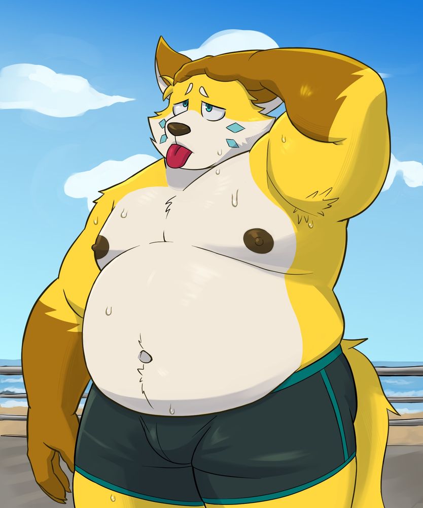 chubby, sweaty, shirtless yellow fox