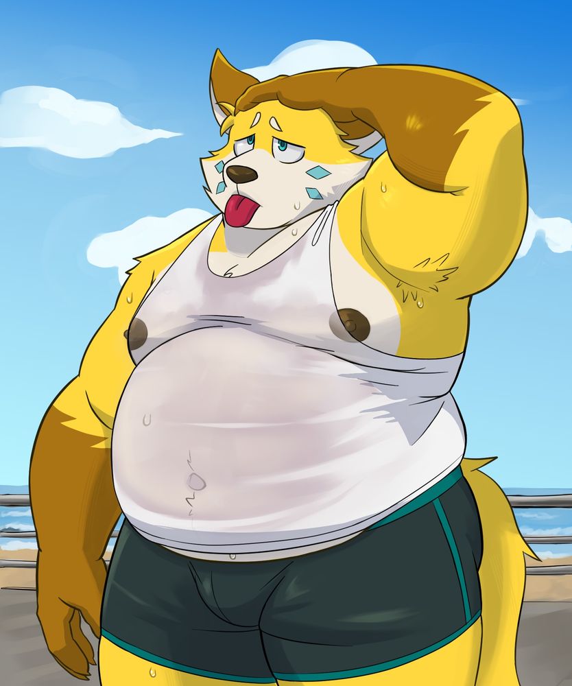chubby yellow fox sweating in a wet tank top that's practically see-through