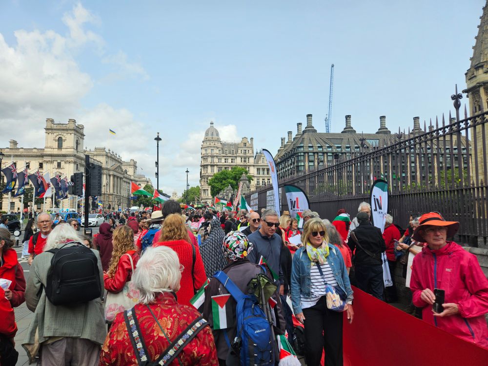 Lots of people stood outside Westminster with Palestinian flags.
