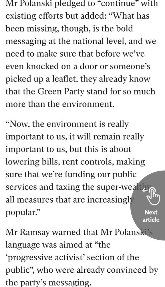 https://www.independent.co.uk/news/uk/home-news/green-party-labour-zack-polanski-ramsay-chowns-denyer-b2808055.html screenshot begins with Mr Polanski pledged to continue
