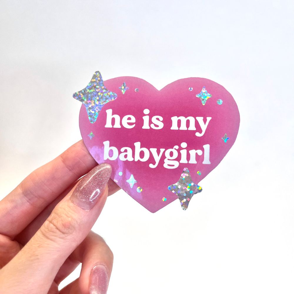 Sparkly heart with text that says he is my baby girl, used in reference to my puppy boy. Femdom - TPE - FLR 