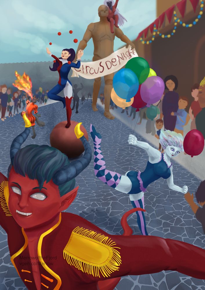An Illustration by Merrow of the Fjord for the Vgen March challenge with the Theme Parade.
it features a Red Tiefling, an Air Genasi, a human, a Tabaxi, a Warforged, and a Drow all wearing circus cloths and parading through the street of a town. 