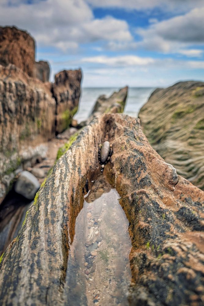 A close-up, low-angle shot of a highly textured, dark rock formation resting on a beach. A small pool of water is collected in a deep groove on the rock, reflecting the small pebbles and the sky. In the blurred background, large moss-covered rocks jut out towards the sea under a partially cloudy blue sky. The focus is sharp on the weathered stone and the water reflection, highlighting the rich, layered textures and the rugged coastal environment.