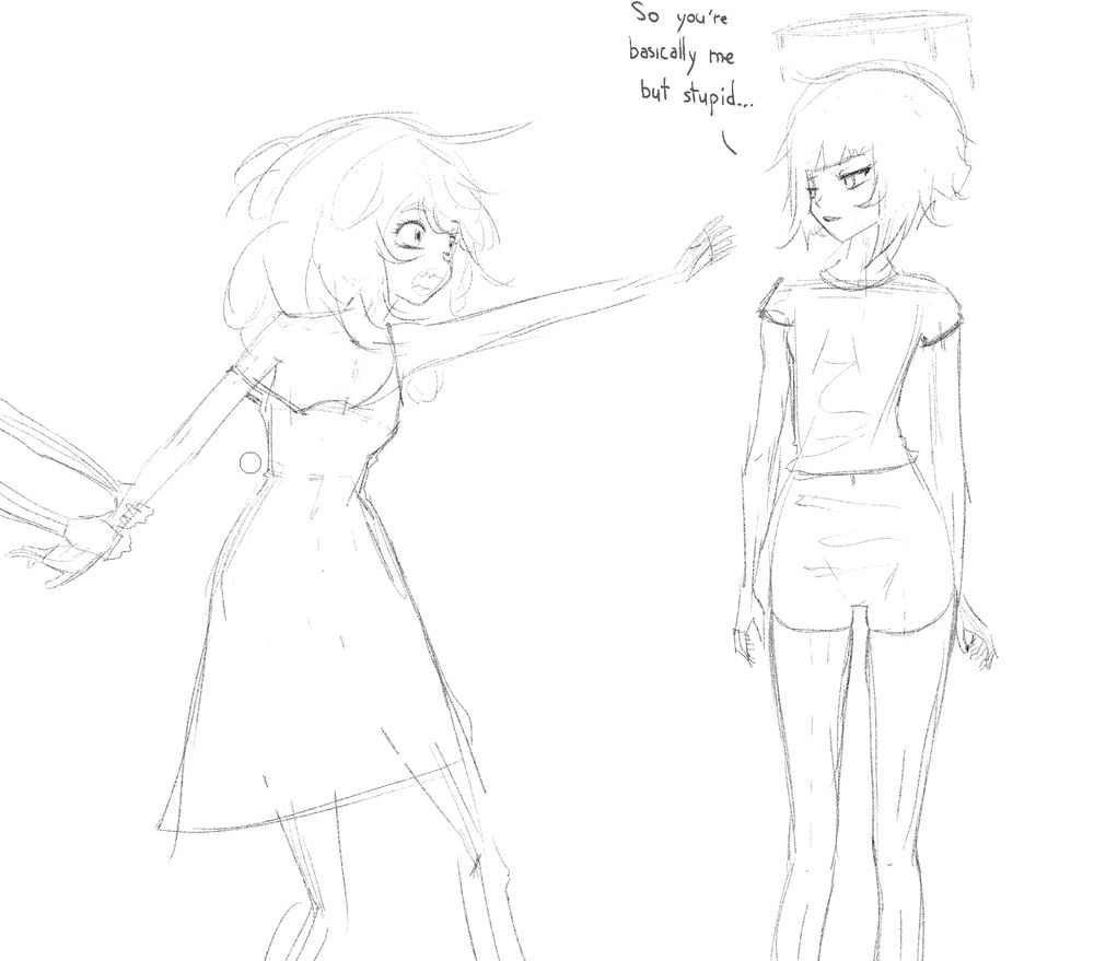 rough ugly scribble sketch work in progress of my 2 OCs Niku and Jane, Niku on the left is agressive and tries to attack Jane (but is hold back by 2 hands grabbing her wrist) and Jane on the right stays still, looking at her with disdain and says "So you're basically me but stupid..."