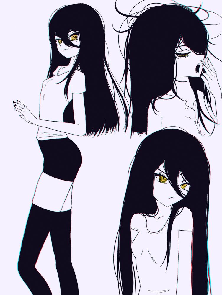 Doodles of Nayuta from chainsaw man - she is older and has very long hair