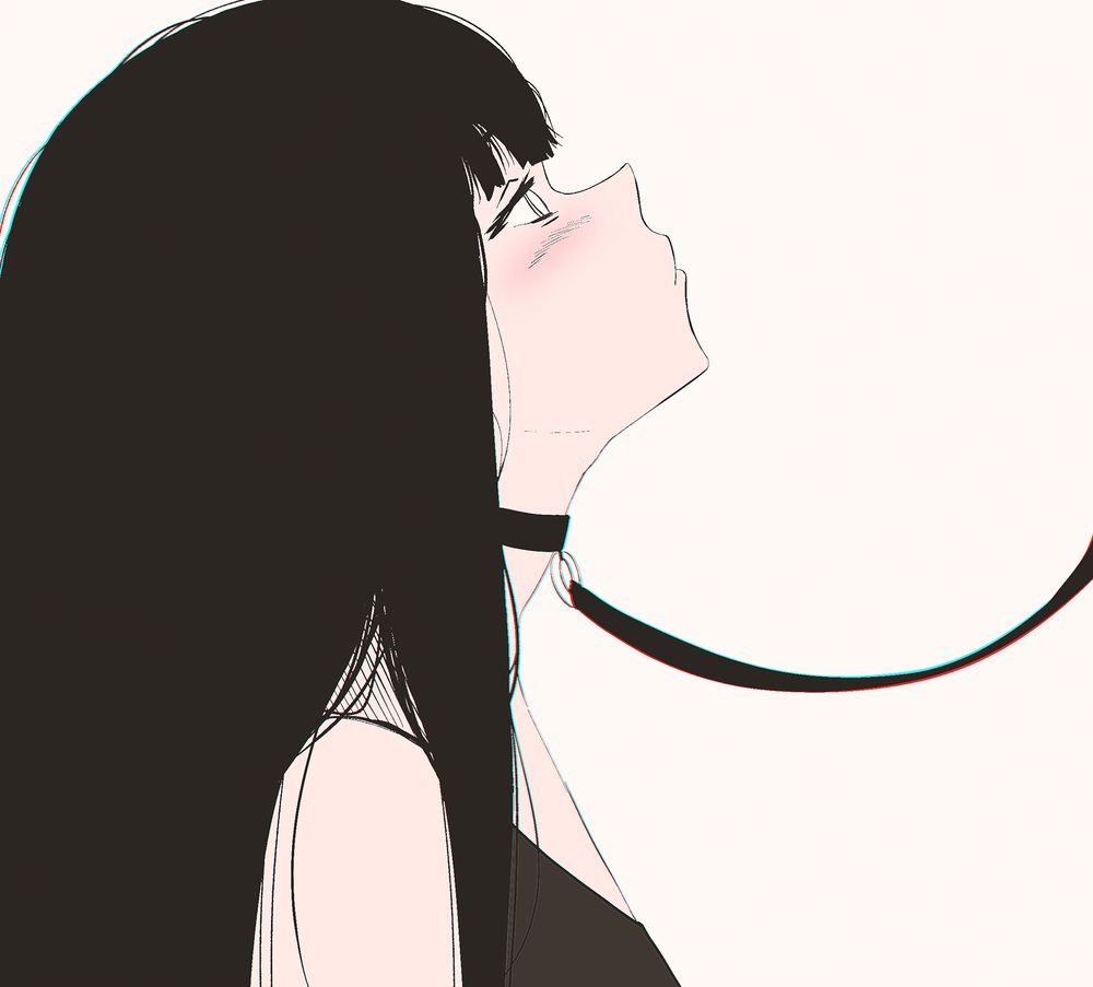 Drawing of my sona, with a chocker and a leash, looking up at someone off the frame