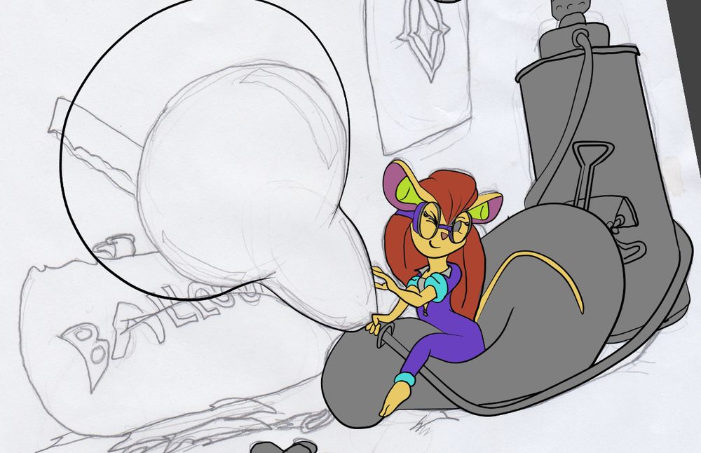 An unfinished work of what is SUPPOSED to be Gadget from Rescue Rangers, overinflating a balloon; she has her goggles on, and earplugs in her ears.  The unfinished background shows an open bag of balloons, and a growing pile of scraps.  She has a smirk on her face, as she turns her head away, bracing for the explosion.